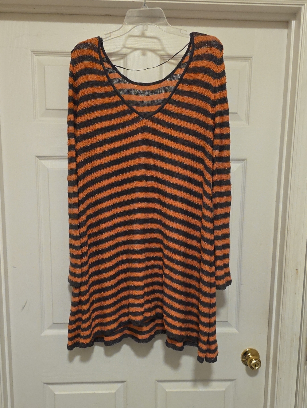 Free People Striped V-Neck Long Sleeve Top - Orange & Black